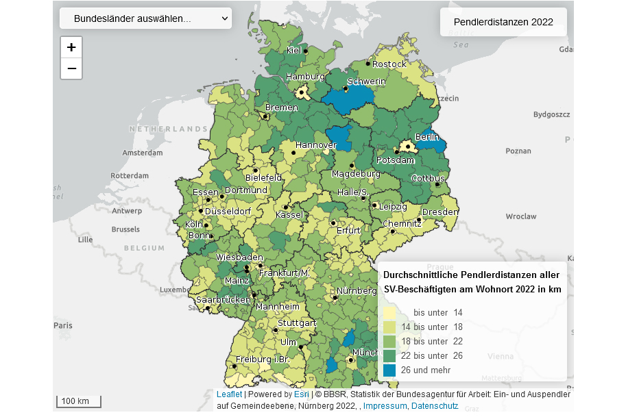 Bild: www.bbsr.bund.de / Leaflet | Powered by Esri | © BBSR, Statistik der Bundesagentur für Arbeit: Ein- und Auspendler auf Gemeindeebene, Nürnberg 2022.