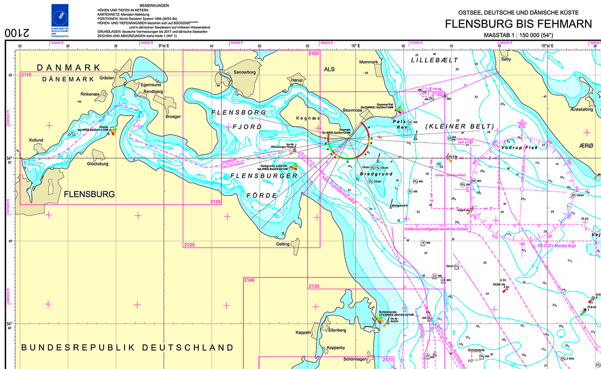 Ausschnitt aus der Seekarte „Ostsee, Deutsche und Dänische Küste – Flensburg bis Fehmarn“ (Nr. 2100). Quelle: BSH