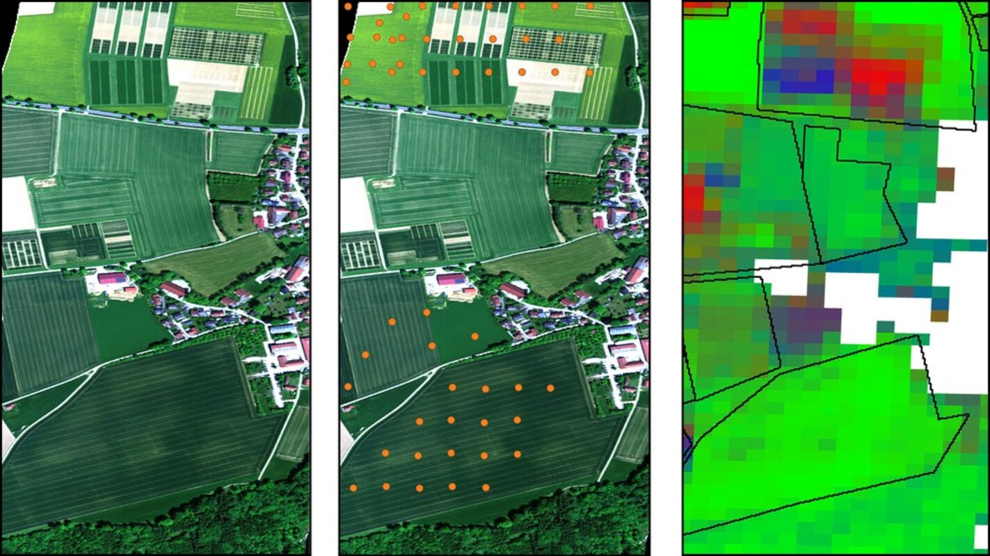 HySpex-Aufnahme: in Echtfarben und kombiniert mit weiteren Datenquellen. Das Bild links zeigt eine hochauflösende HySpex-Aufnahme vom 12. Mai 2025 des Testgebiets Puch in Echtfarben-Darstellung. Ergänzt wurden Drohnen-Aufnahmepunkte, orange markiert im mittleren Bild. Das rechte Bild zeigt die Bodenbedeckung, abgeleitet aus Daten des EnMAP-Satelliten: Der Pixel-Farbverlauf charakterisiert „lebende“ Vegetation in Grün (photsynthetisch aktiv), trockene oder „tote“ Vegetation in Blau (nicht photosynthetisch aktiv) und offenen Boden in Rot. Gebäude sind für die Analyse nicht relevant und weiß markiert. Bodenbedeckung ist ein wichtiger Parameter der Landoberfläche, insbesondere in landwirtschaftlichen Systemen. Sie dient als Datenbasis für die Modellierung von Bodenparametern, der Überwachung von Bodenerosion und der Identifizierung von Landdegradation. Bild: DLR (CC BY-NC-ND 3.0)