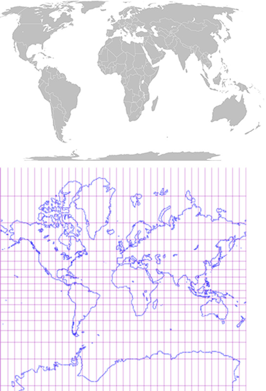 Oben: Weltkarte in der flächentreuen Equal-Earth-Projektion. Unten: Mercator-Projektion. Bilder: CC0 1.0 (Public Domain)