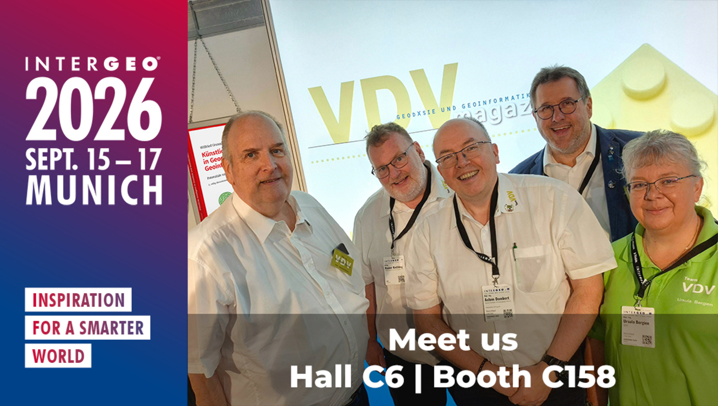 Besuchen Sie den VDV auf der INTERGEO 2026 - und treffen Sie Geodäten in ihrem natürlichen Lebensraum ;)  Wann: Dienstag bis Donnerstag, 15.–17.09.2026 Wo: Messe München. Halle C6, Stand C158, direkt gegenüber dem Verbändepark.  Hier das kostenfreie Dreitages-Ticket zur Fachfirmenausstellung buchen: https://ogy.de/IG26-VDV (Gutscheincode: IG26-VDV). Das VDV-Messeteam freut sich auf Sie.