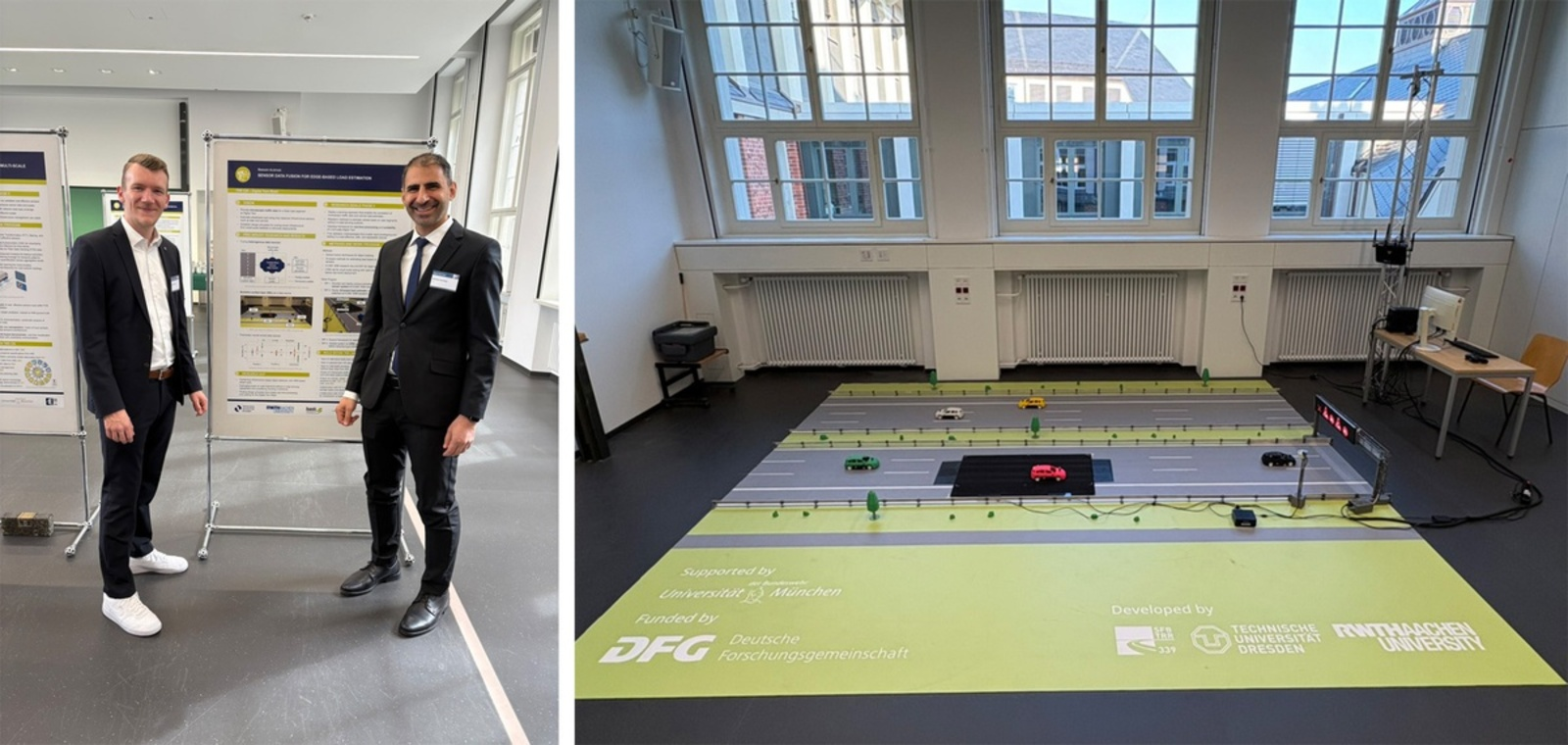 Prof. Prof. Alrifaee (r.) und sein Mitarbeiter Simon Schäfer freuen sich über die Zusage der DFG. Rechts ist ein Versuchsaufbau zum „System Straße“ zu sehen. (© UniBw M)
