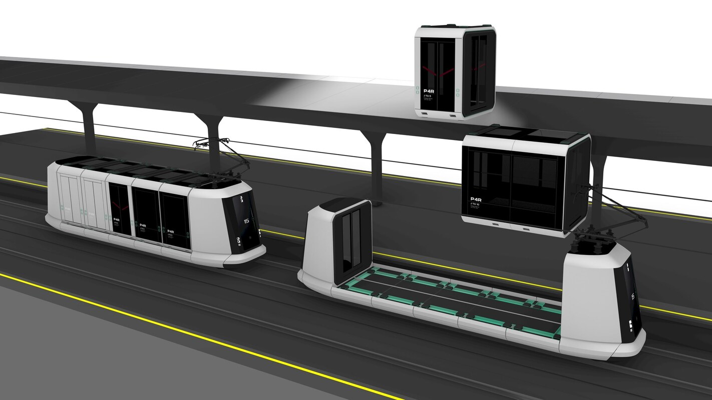 Visualisierung der „Rail-Carrier-Unit“ aus dem Pods4Rail-Projekt: Verladen von Kapseln für den Transport von Personen und Gütern auf Trägereinheiten für den Schienenverkehr. Bild: Pods4Rail project group, ©moodley
