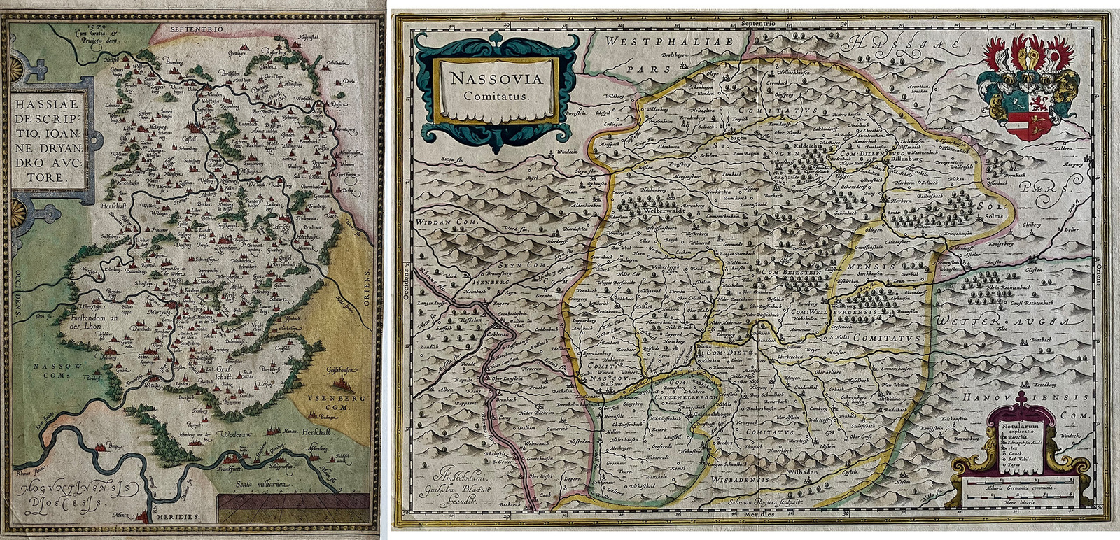 „Hassiae de Scriptio Ioanna Dryandro“ (um 1600) und „Nassovia Comitatus“ (um 1600). Quelle: HVBG