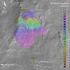 LIDAR-Messung der Hanginstabilität oberhalb des Dorfs Brienz/Brinzauls (GR). Die Farben geben die Deformation des Hangs in Millimetern pro Tag an (5. August 2020 – 30. November 2020). Bild: SLF