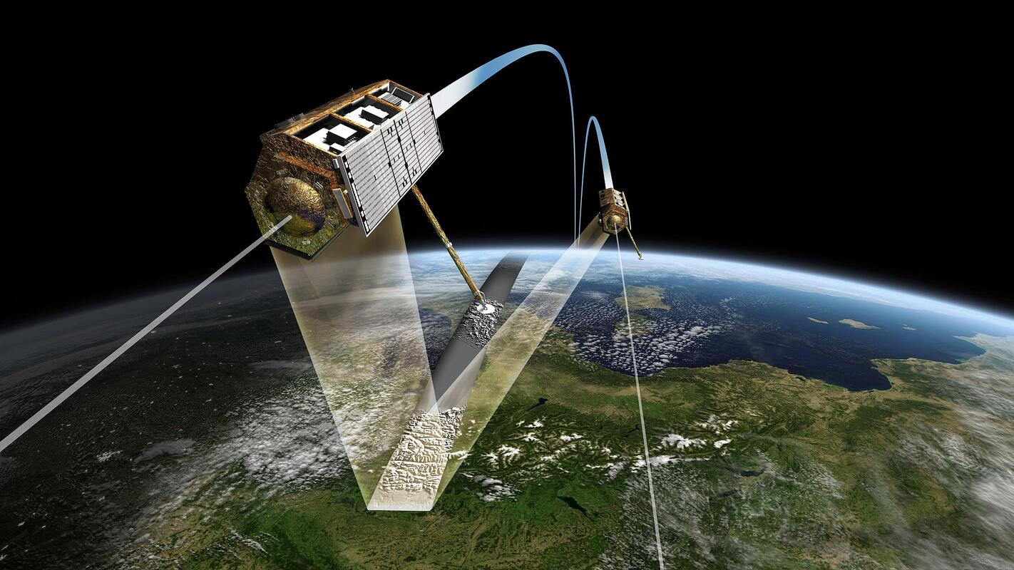 TerraSAR-X und TanDEM-X im Formationsflug. Bild: DLR (CC BY-NC-ND 3.0)