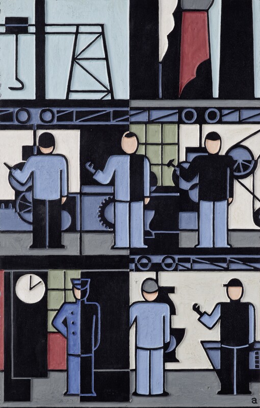 Gerd Arntz, kolorierter Druckstock „Fabrik“, 12 Häuser der Zeit, 1927, LVR-Landesmuseum Bonn, Foto: Jürgen Vogel © VG Bild-Kunst, Bonn 2025 