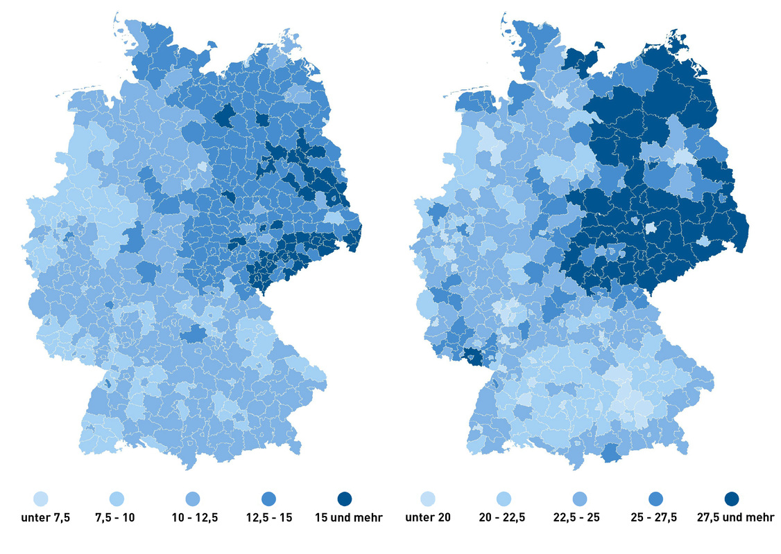 Bevölkerung 65 Jahre und älter je 100 Einwohner – BRD 1961/DDR 1964 und Deutschland 2024. Quelle: Kartengrundlage BKG VG-Hist/GeoBasis-DE © BKG (2026) CC BY 4.0, Datenquellen: https://sgx.geodatenzentrum.de/web_public/gdz/datenquellen/datenquellen_vg-hist.pdf. Bevölkerungsdaten: Bevölkerung Deutschland 2024 Statistische Ämter des Bundes und der Länder, BRD VZ 1961 GESIS ZA472, DDR VZ 1964; StBA 1994: Sonderreihe mit Beiträgen für das Gebiet der ehemaligen DDR Bd. 15. Bearbeitung und Kartographie: BiB