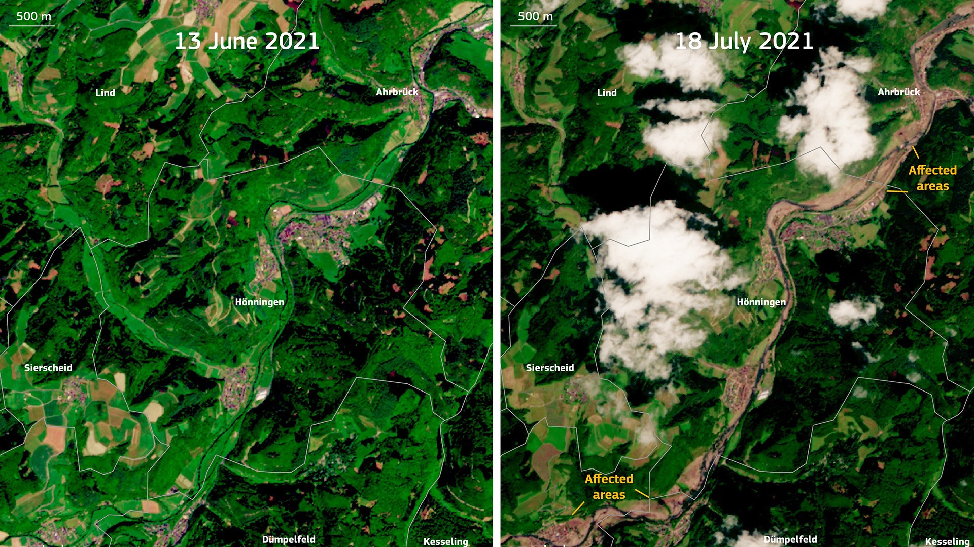 Flutgebiete in der Region Ahrweiler. Bild: European Union, Copernicus Sentinel-2 imagery