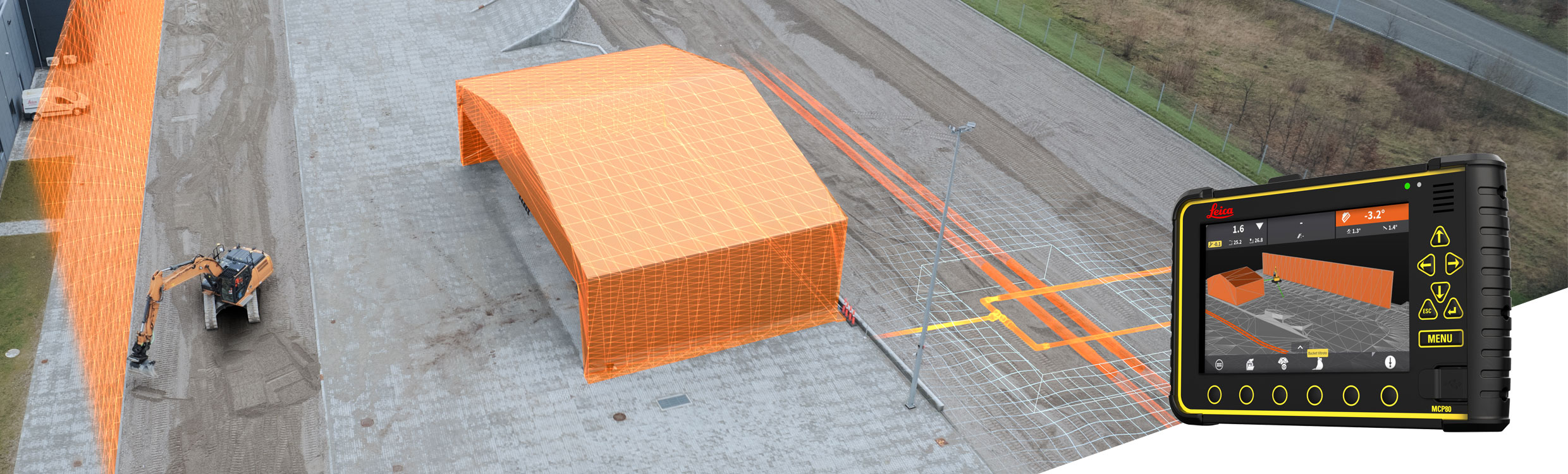 Mit der Einrichtung von 3D-Sicherheitszonen können Stromkabel, unterirdische Versorgungsleitungen und Arbeiten in direkter Nähe zu Fußgängerwegen, Fahrbahnen und Straßen geschützt werden. Bild: Leica Geosystems AG.