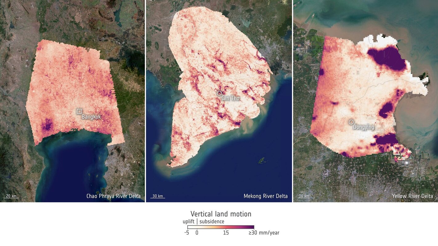 Gefährdete Flussdeltas: Chao Phraya, Mekong und Gelber Fluss. Bild: ESA