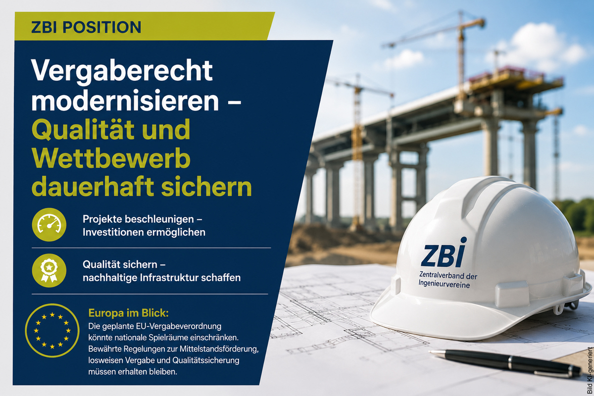 Der Zentralverband der Ingenieurvereine (ZBI) begrüßt die Reform der VOB/A und fordert eine frühzeitige Berücksichtigung der europäischen Vergabereform. Bild: ZBI (KI-generiert)