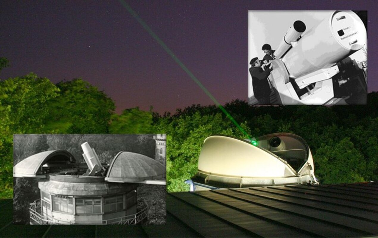Unterschiedliche Generationen von Laserradarstationen der SLR Station (Satellite Laser Ranging Station) Potsdam. (Foto: Ludwig Grunwaldt, GFZ; kleines Foto: Lutz Hannemann, ZIPE) 