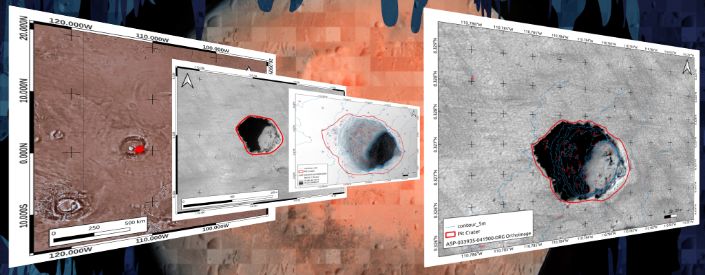 Beispielhafte Schritte von der anfänglichen großräumigen Erfassung bis zur halbfertigen geomorphologischen Karte einer Grube in der Nähe von Pavonis Mons, Mars. (Quelle: NASA/JPL-Caltech/UArizona/PDS Geosciences Node's Orbital Data Explorer for Mars Data Access)