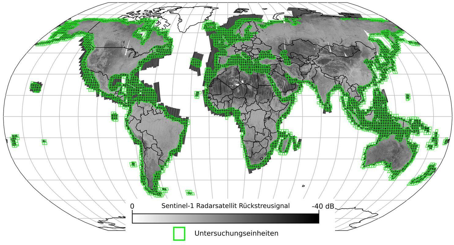 Globale Abdeckung der Sentinel-1-Radarmission und die Offshore-Untersuchungseinheiten. Die grü­nen Qua­dra­te zei­gen, wo ge­nau die Künst­li­che In­tel­li­genz nach Offs­ho­re-Wind­kraft­an­la­gen ge­sucht hat. Der Sen­ti­nel-1-Ra­dar­sa­tel­lit nimmt bei sei­nen re­gel­mä­ßi­gen Über­flü­gen die ge­sam­te Erd­ober­flä­che auf. Quelle: DLR (CC BY-NC-ND 3.0)