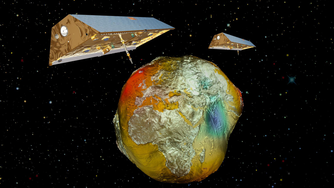 Künstlerische Darstellung der GRACE-Satelliten und der Erde. Bild: GFZ
