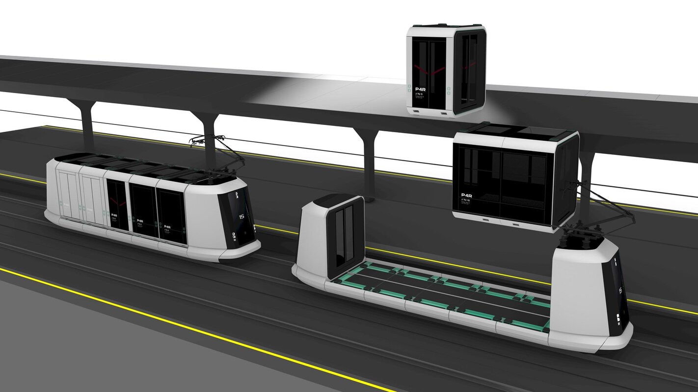 Visualisierung der „Rail-Carrier-Unit“ aus dem Pods4Rail-Projekt: Verladen von Kapseln für den Transport von Personen und Gütern auf Trägereinheiten für den Schienenverkehr. Bild: Pods4Rail project group, ©moodley