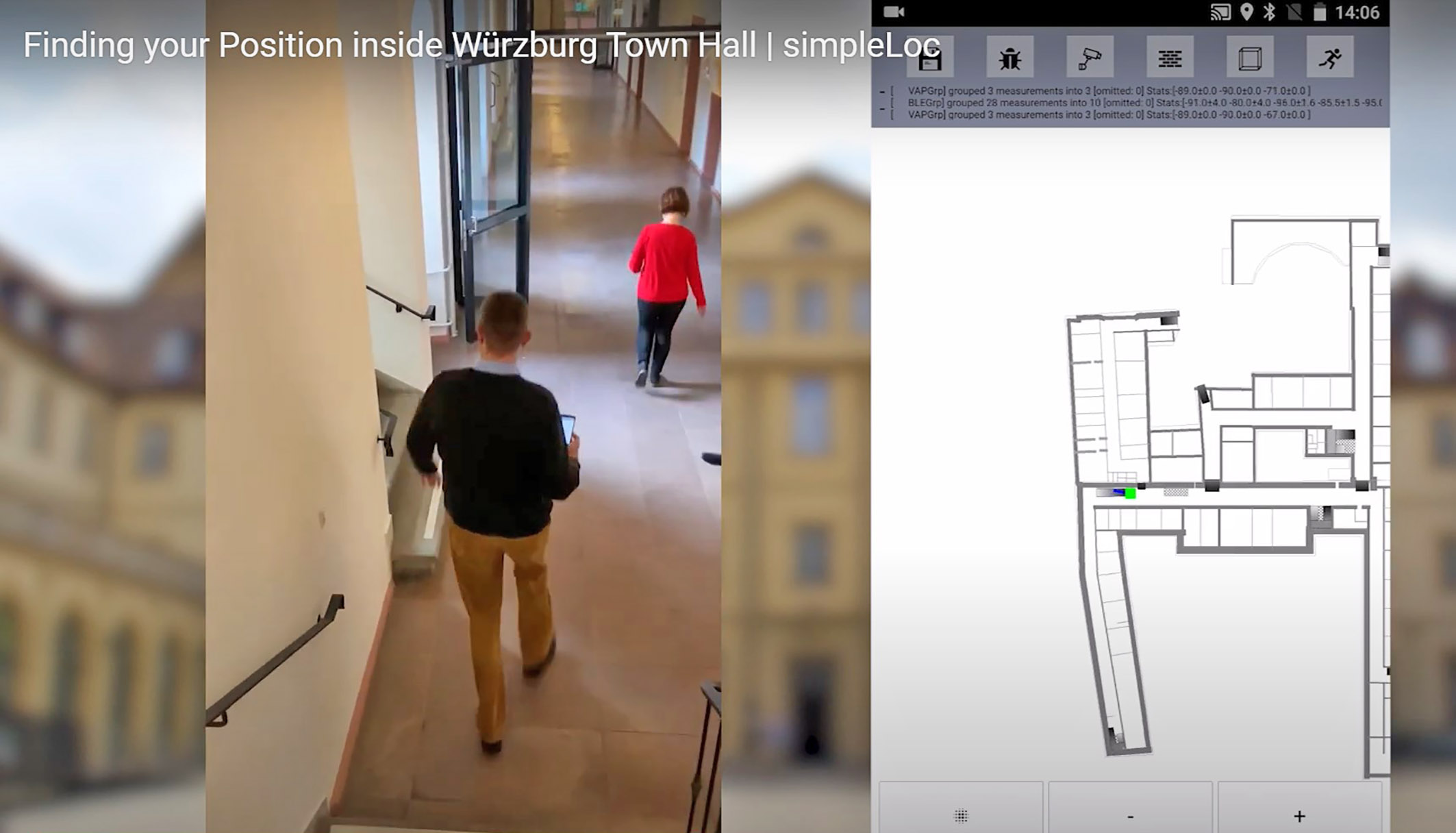 Klaus Walther erkundet mit der Navigationssoftware simpleLoc Wege im verwinkelten Würzburger Rathaus. Rechts ist das Areal zu sehen, durch das sich der Mitarbeiter bewegt. Bild: FHWS/Screenshot simpleLoc