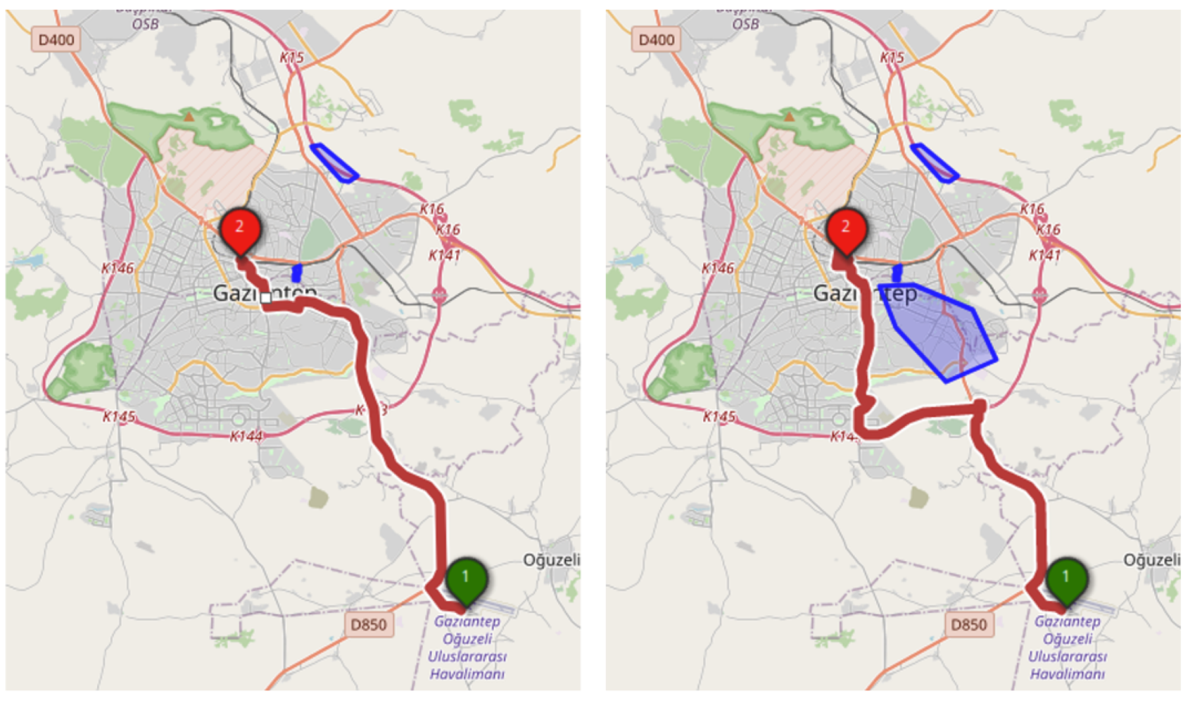 Das Disaster Portal berücksichtigt für die Berechnung der kürzesten Route automatisch nicht-befahrbare Gebiete (blau) und findet de schnellste alternative Route. Bild: HeiGIT