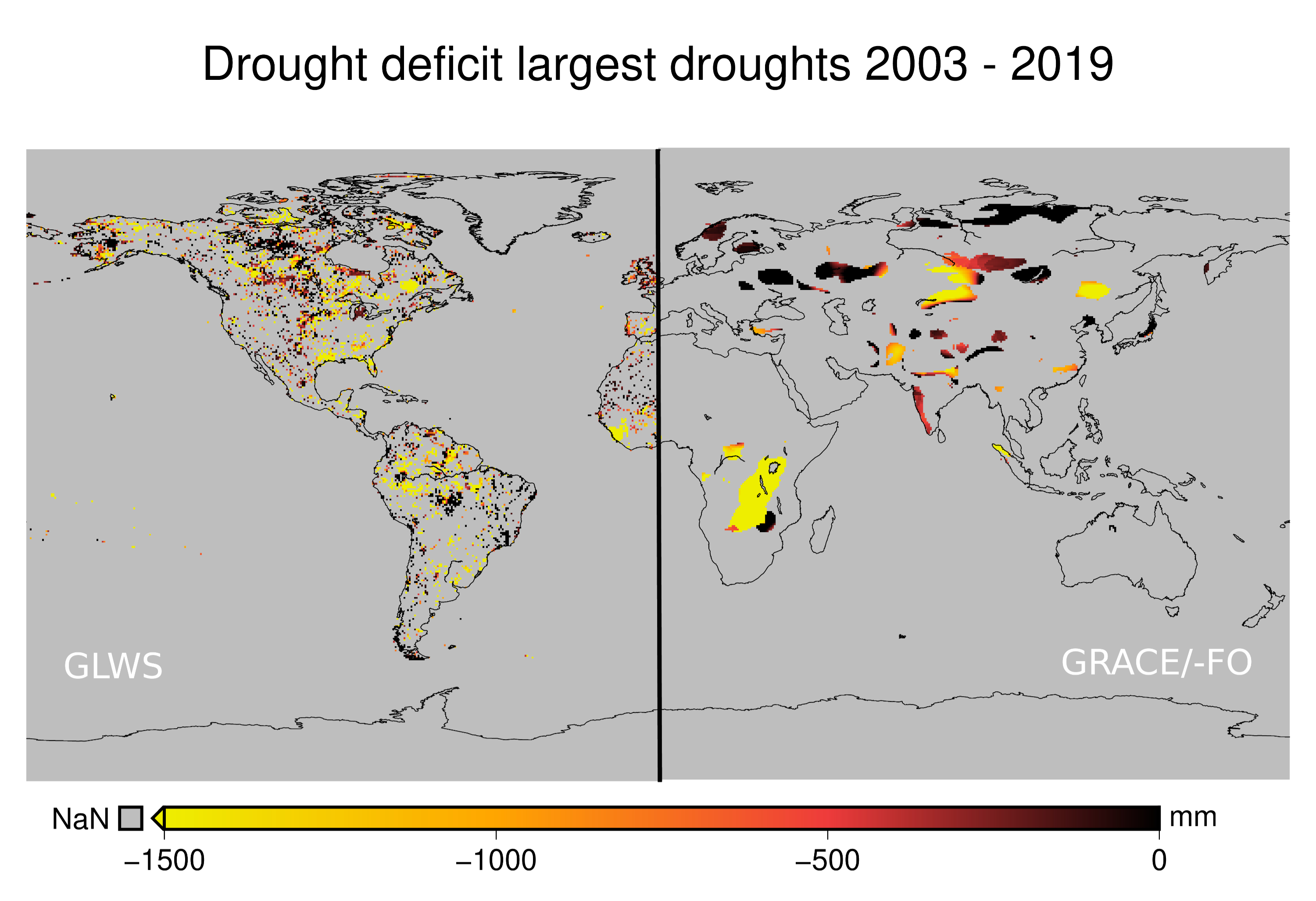 Wasserdefizit der längsten Dürren (mindestens 9 Monate) in den letzten zwanzig Jahren in den neuen GLWS2.0-Daten (links) und in den GRACE/-FO Satellitendaten (rechts). Abbildung: Helena Gerdener