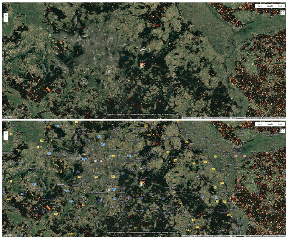 Satelliten-Aufnahmen der Region Berlin mit südlichem Umland – von Brandenburg/Havel bis nach Polen. | Quelle: Screenshot RADD Warnmelder | Copyright: CC-BY 4.0 RADD Europe