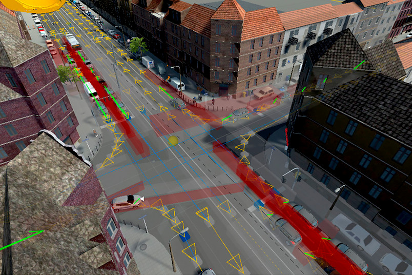 In der virtuellen Umgebung kann man sich eine geplante Straßenkreuzung und ihre möglichen Verkehrsflüsse anschauen, auch wenn es sie so noch nicht gibt. © Marco Weißmann, RUB
