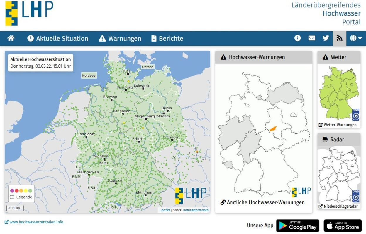 Screenshot länderübergreifendeScreenshot länderübergreifendes Hochwasserportal. Quelle: www.hochwasserzentralen.des Hochwasserportal