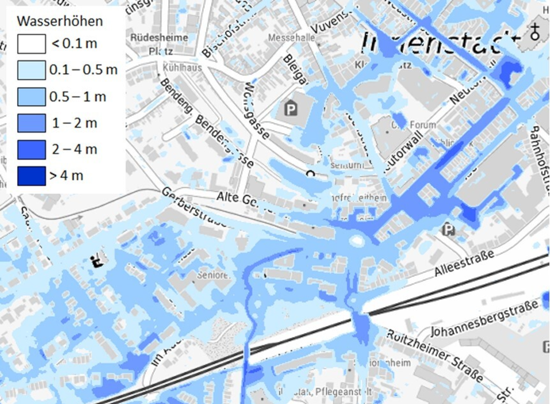 Simulationsergebnis (Überflutungstiefen) für ein Starkregen-Ereignis in Nordrhein-Westfalen. Bild: BKG