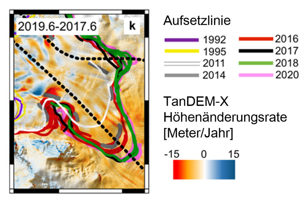 Hö­hen­än­de­run­gen und Be­we­gung der Auf­setz­li­nie. Bild: TanDEM-X-Daten, Aufsetzlinien abgeleitet von COSMO-SkyMed