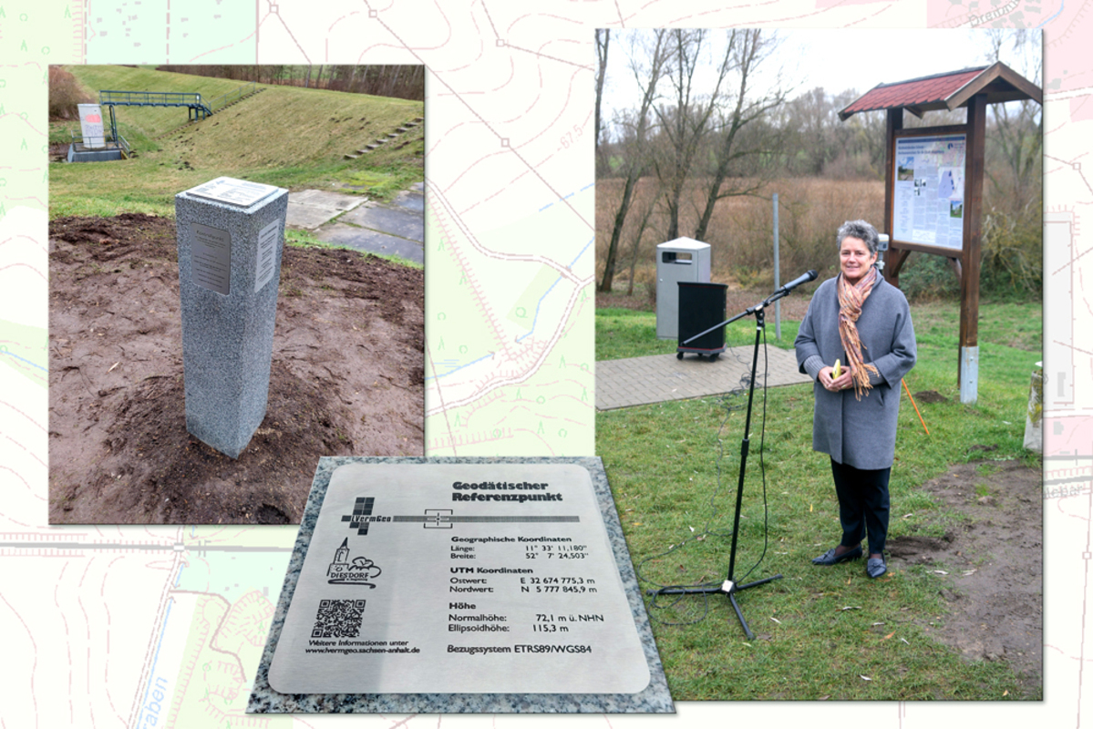 Ministerin Dr. Lydia Hüskens bei der Einweihung des Geodätischen Referenzpunktes. Bild: LVermGeo