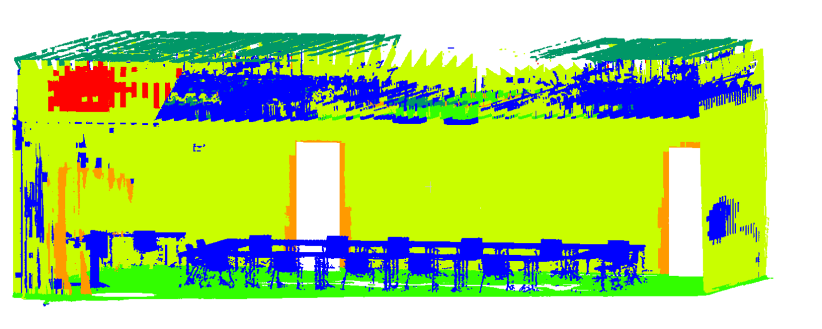 Scan2BIM: Daten verschiedener Sensoren werden zu einem multimodalen Datenstrom fusioniert. Dieser wird mithilfe KI-basierter Algorithmen automatisiert interpretiert und in ein BIM-Modell überführt. Die semantisch angereicherte Punktwolke eines Konferenzraums zeigt u. a. Türen, Tische und Stühle. Bild © Fraunhofer IPM